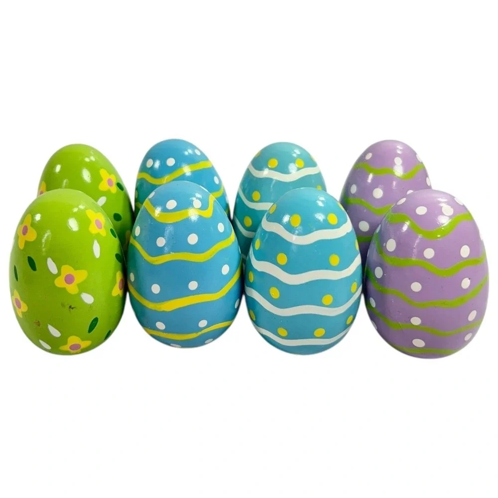 Set of 8 Wooden‎ Easter Eggs Stripes Dots Flowers